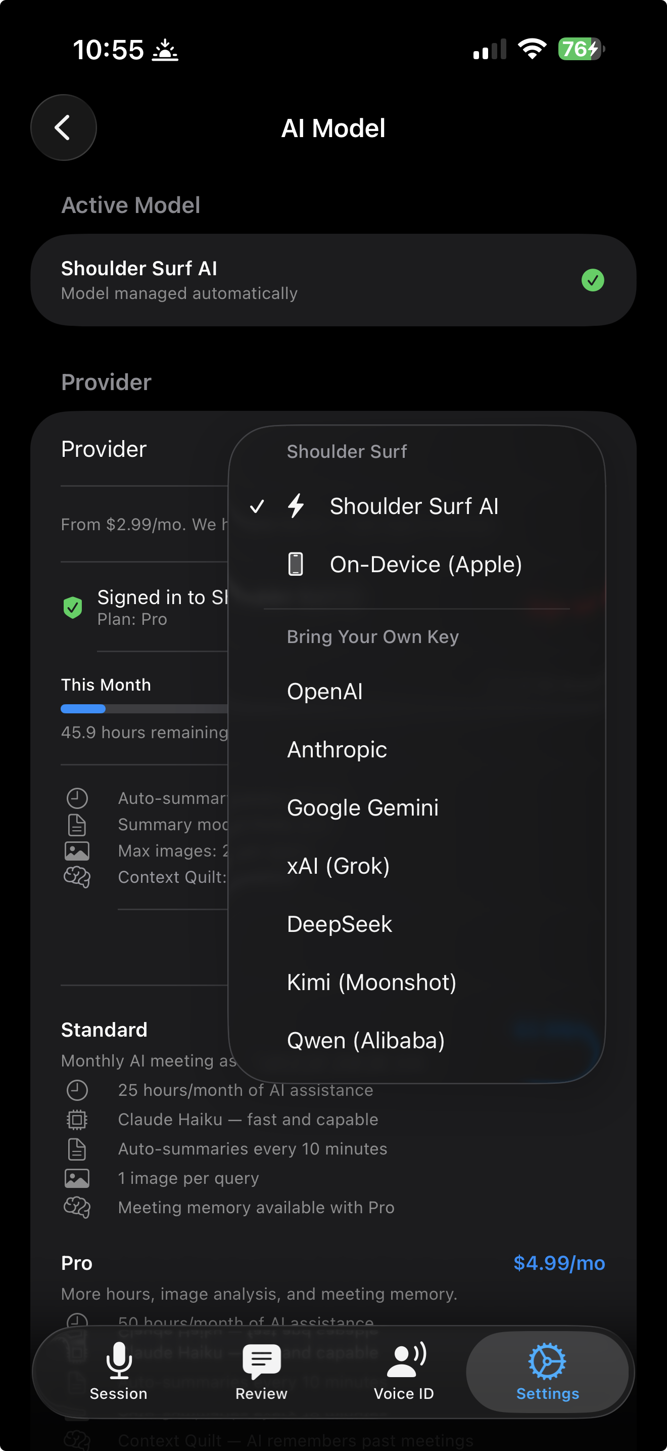 AI model provider picker showing cloud, on-device, and BYOK options