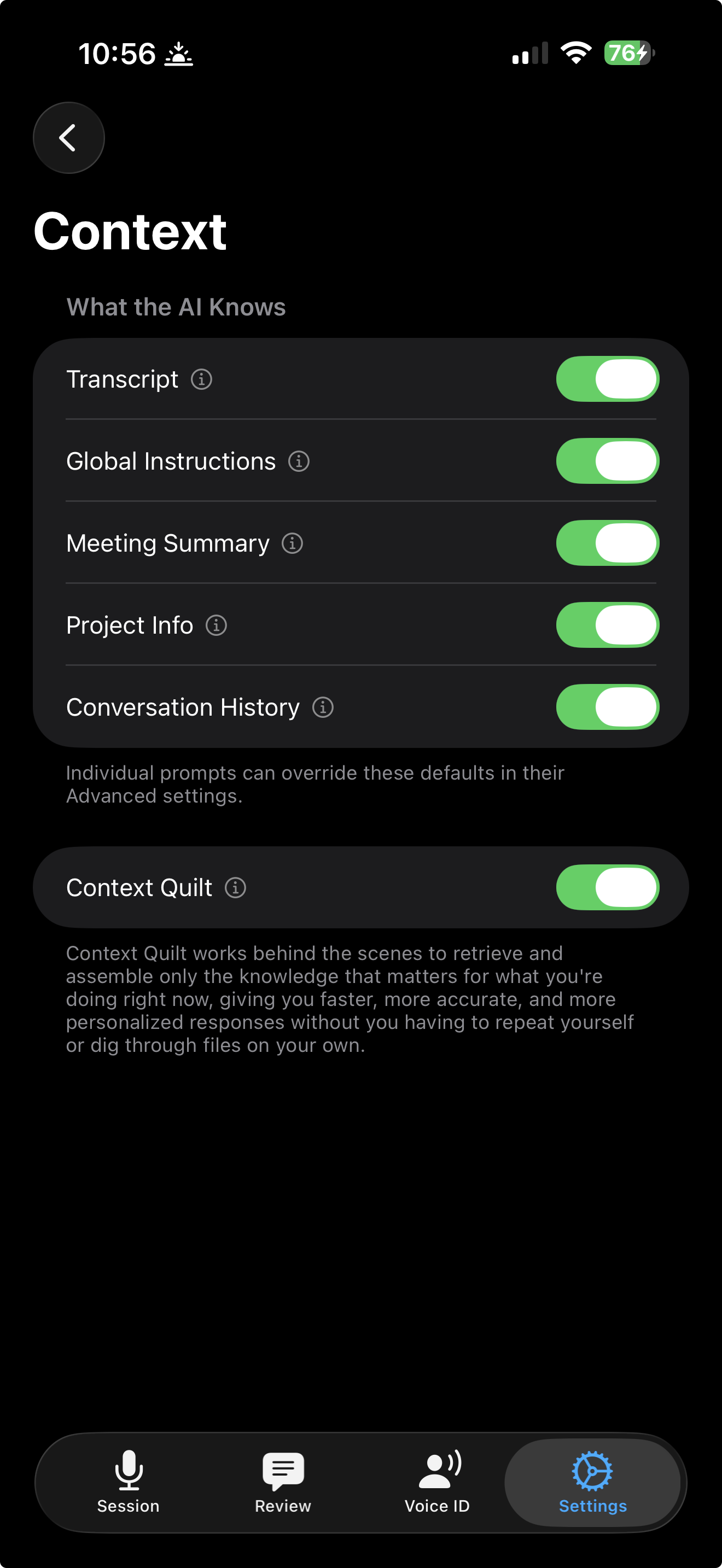 Context Quilt settings showing what the AI knows