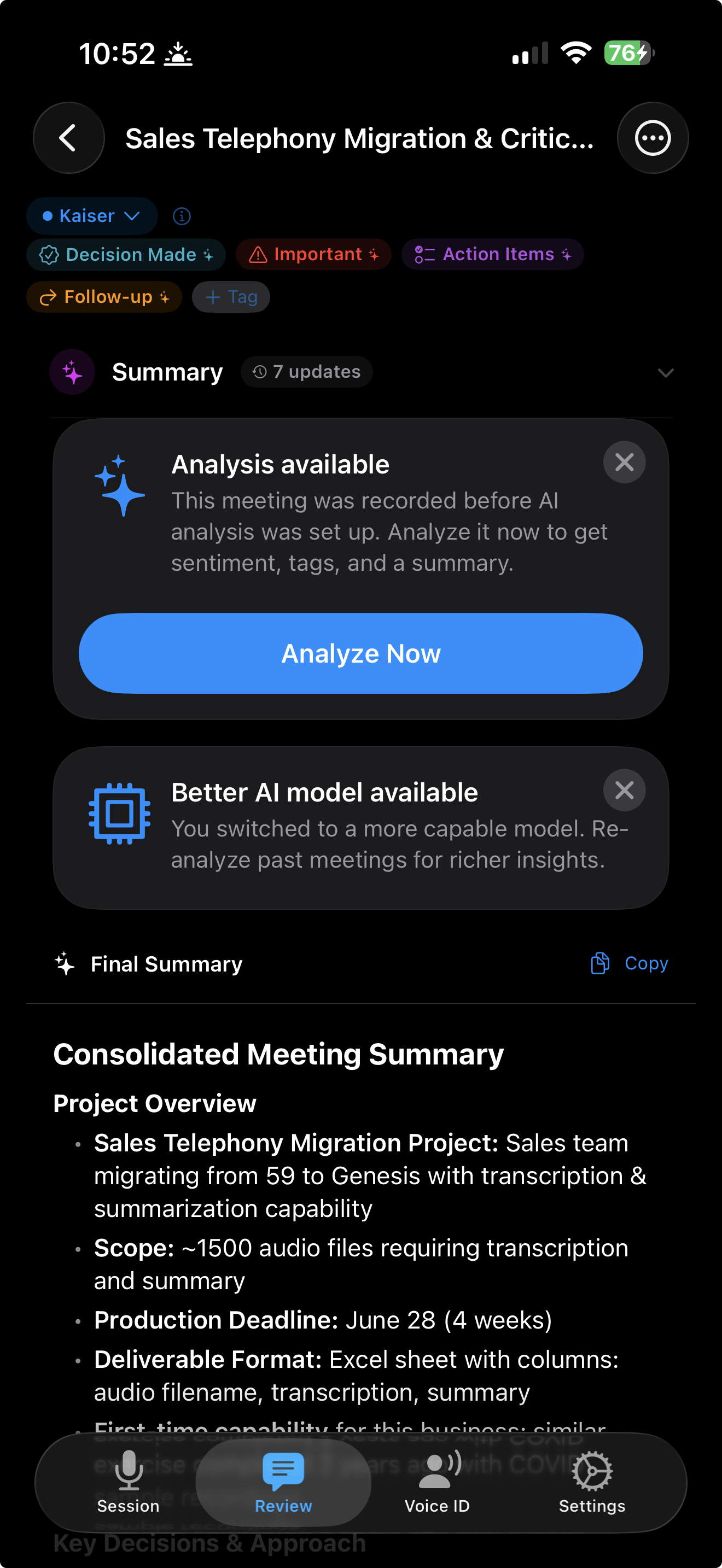 Post-meeting summary with tags and AI analysis