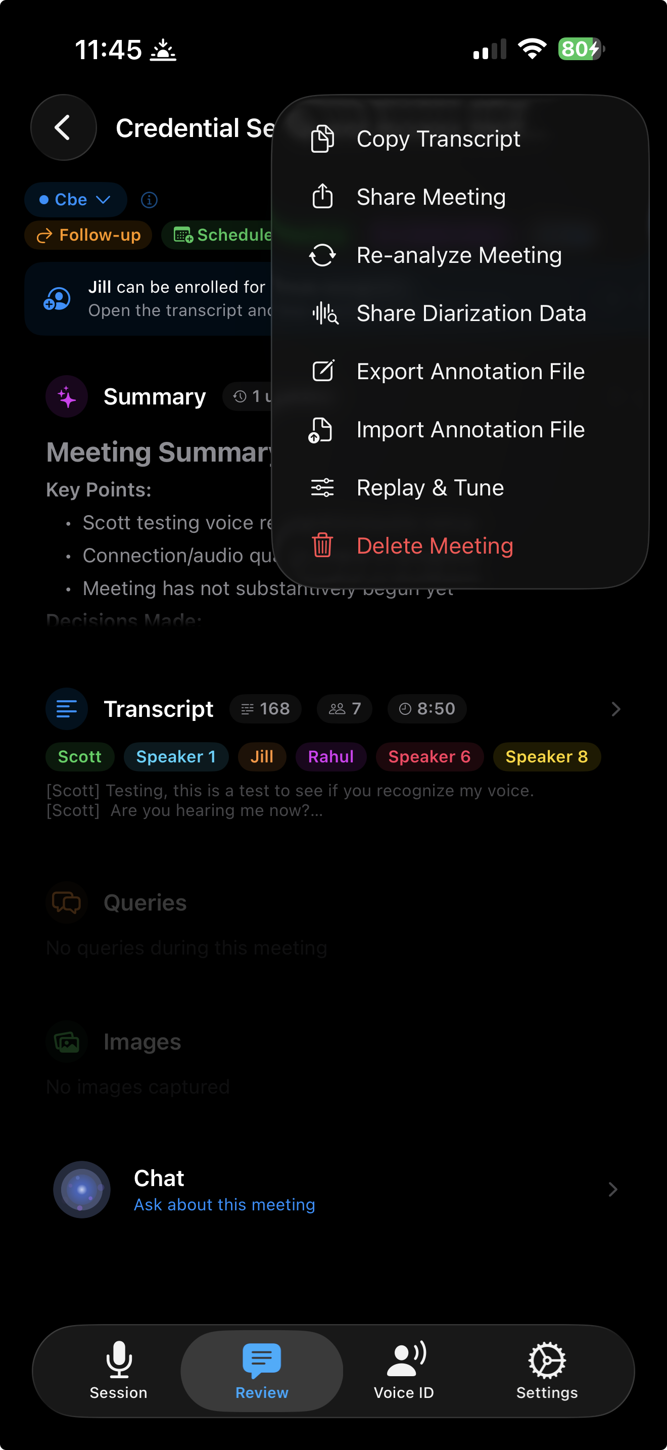Meeting export options: copy transcript, share, re-analyze, export annotations
