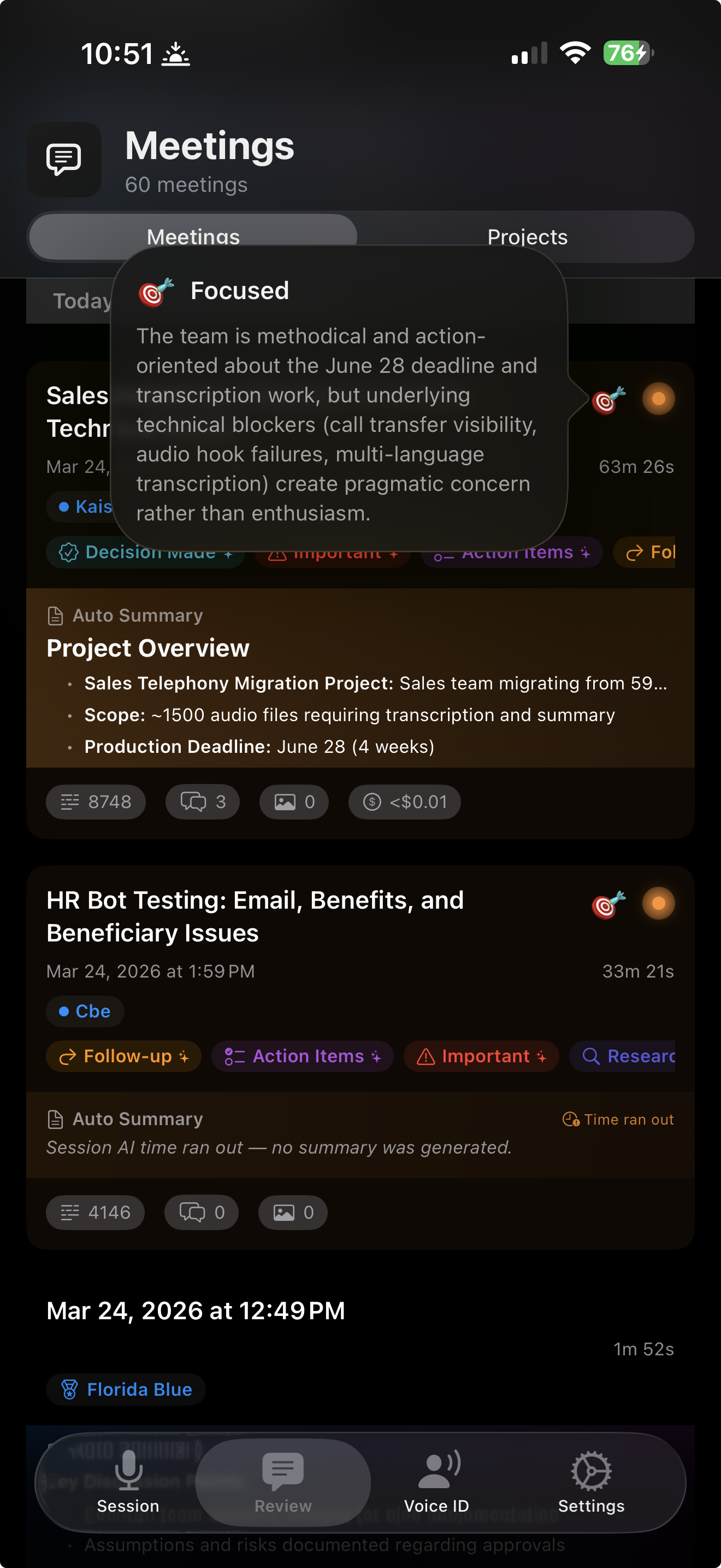 Meeting list organized by project with auto summaries