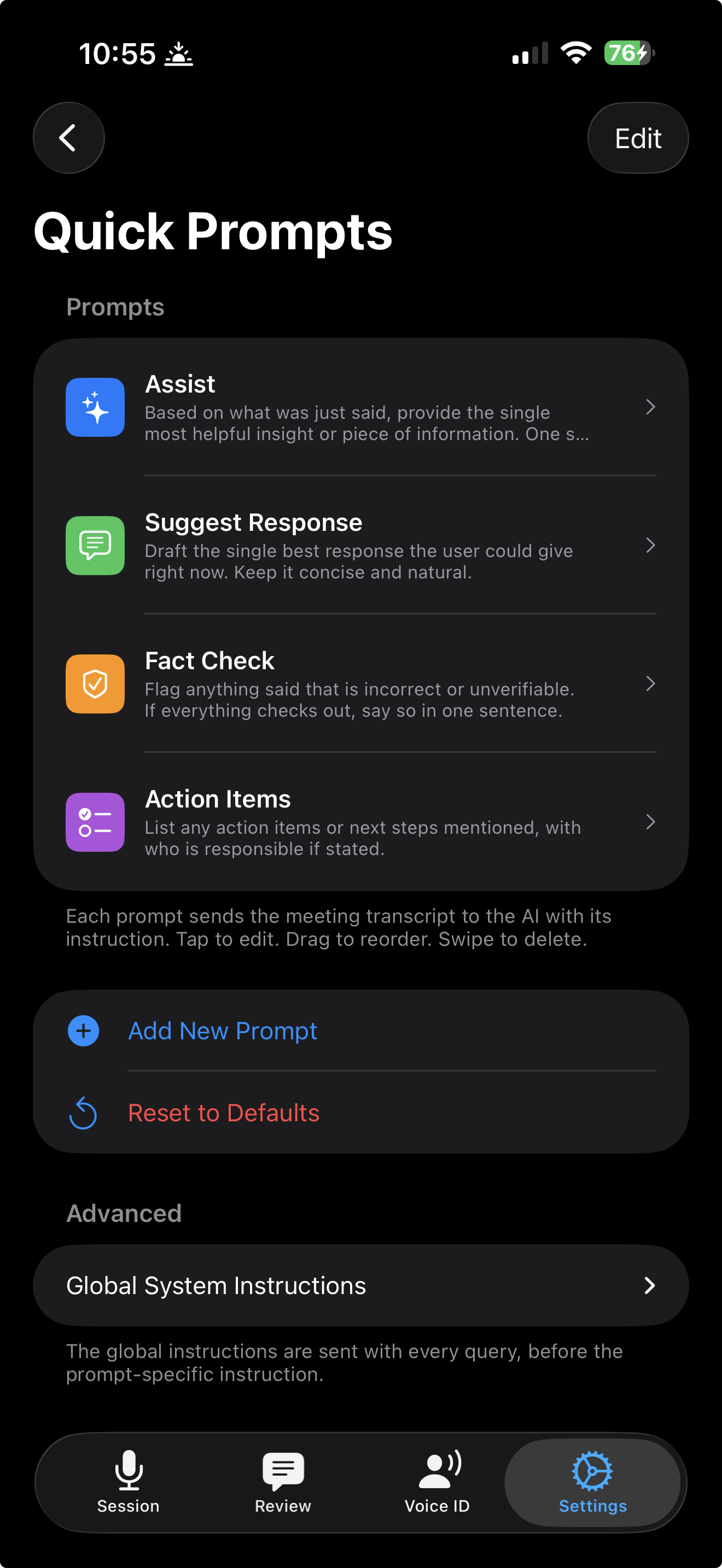 Quick prompt modes: Assist, Suggest Response, Fact Check, Action Items
