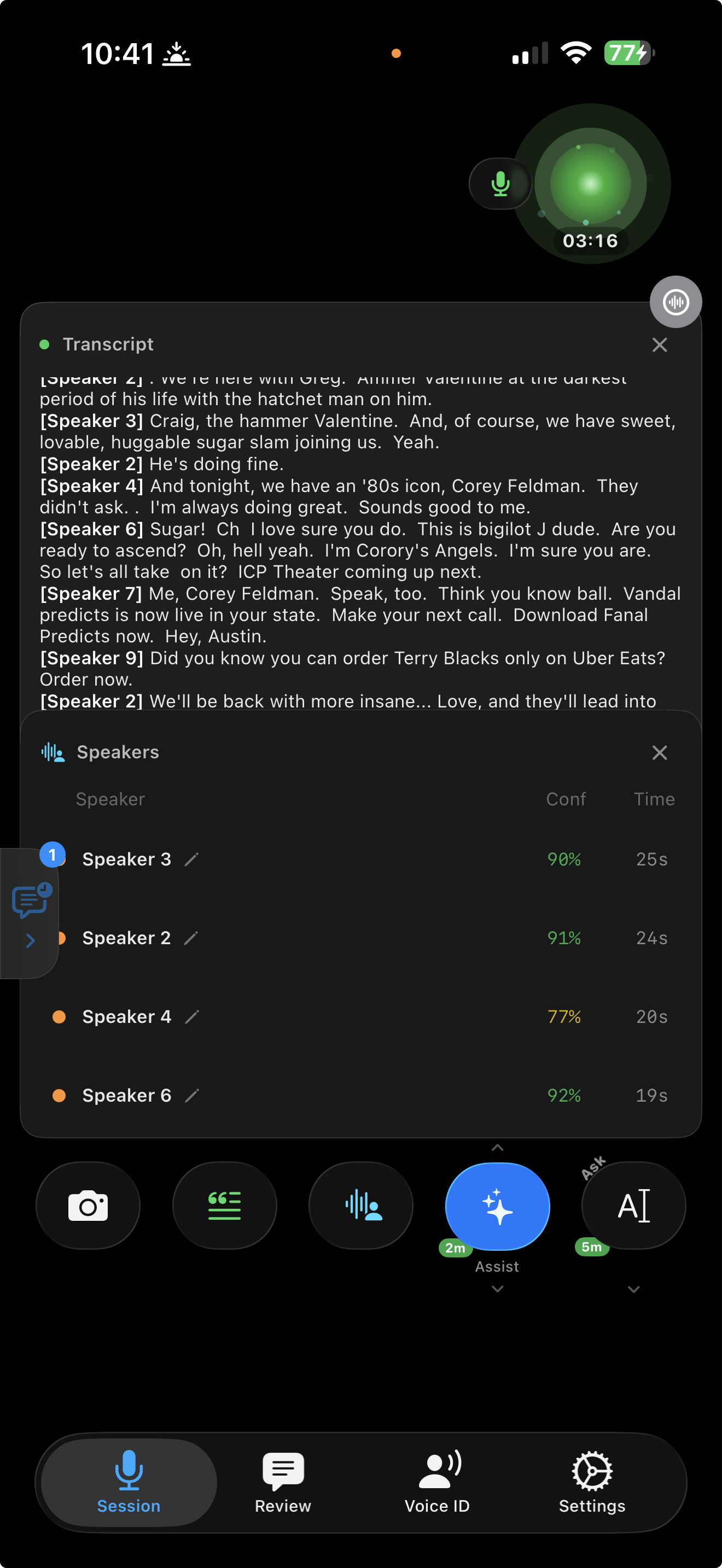 Live transcript with speaker identification and confidence scores