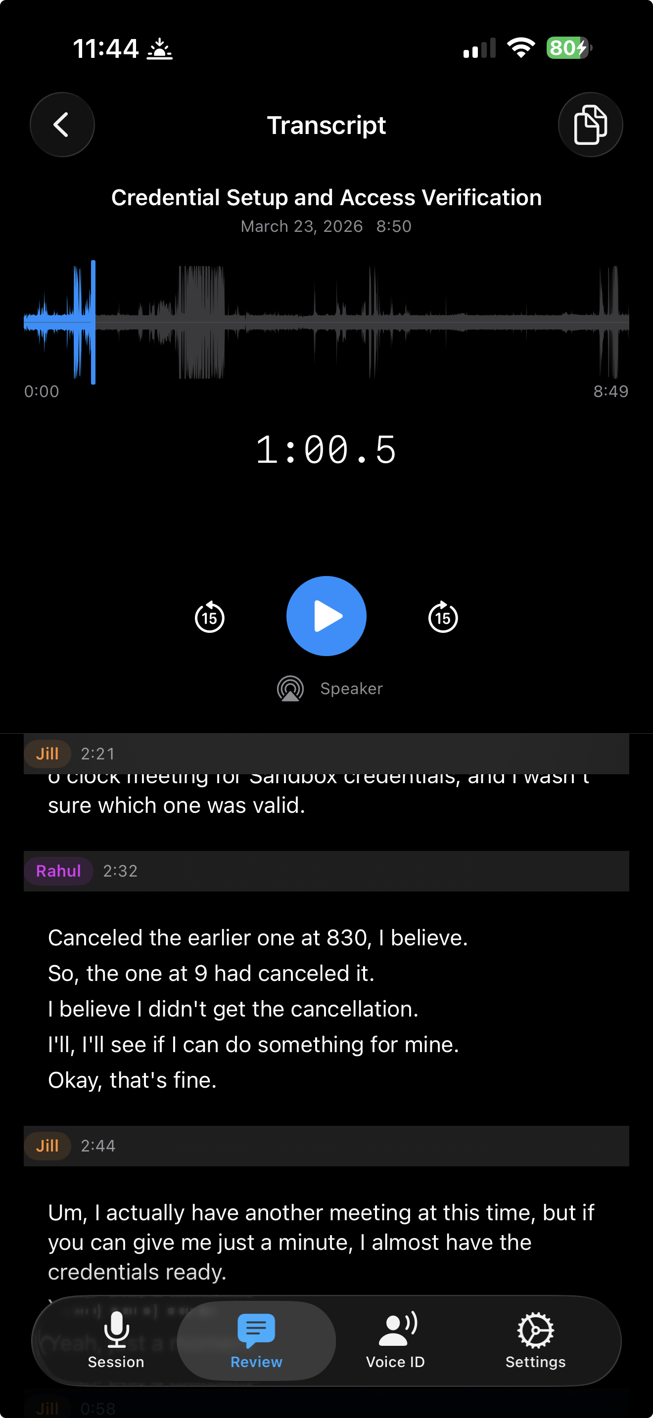 Transcript review with audio waveform and speaker-labeled timestamps