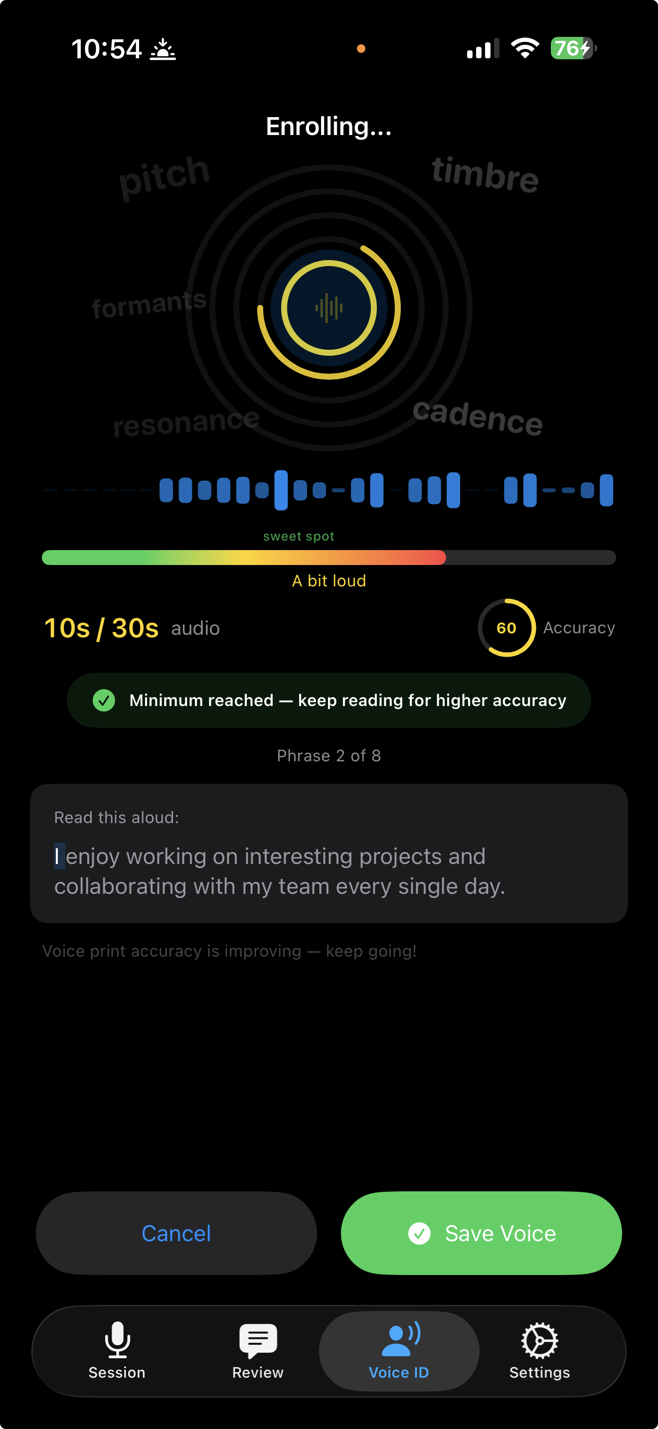 Voice enrollment with pitch, timbre, and cadence visualization
